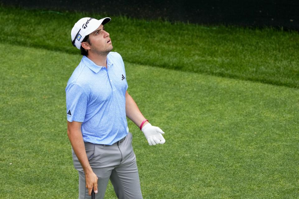 FILE - Apr 6, 2023; Augusta, Georgia, USA; Mateo Fernandez de Oliveira checks the wind on the 16th hole during the first round of The Masters golf tournament. Mandatory Credit: Rob Schumacher-USA TODAY Network