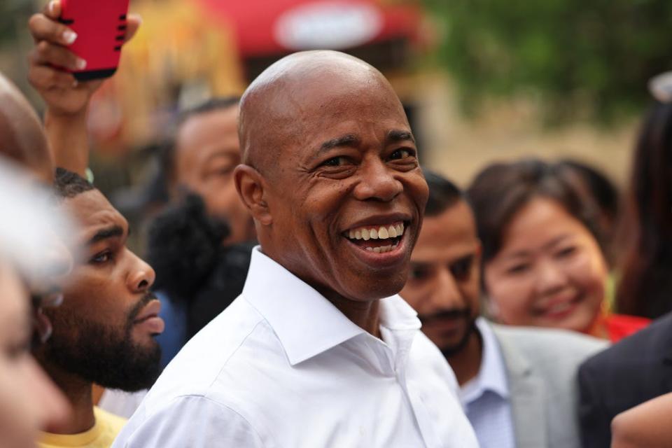 New York City mayoral candidate Eric Adams prepares to speak after voting during Primary Election Day at  P.S. 81 on June 22, 2021 in the Bedford-Stuyvesant neighborhood of Brooklyn borough in New York City.