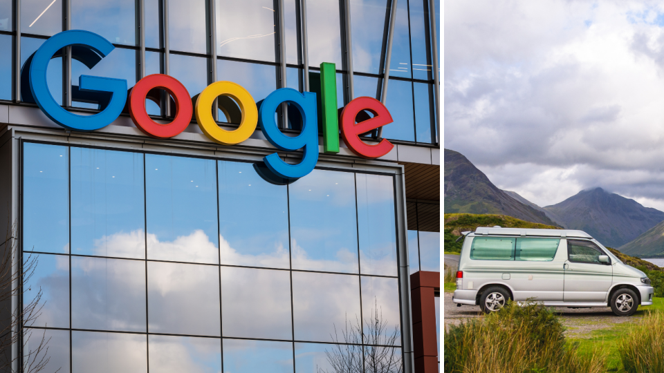 A Google sign on the exterior of an office building and a van.
