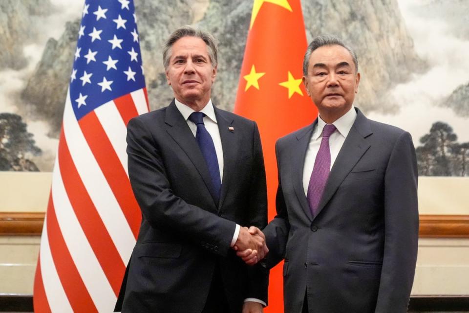 Antony Blinken meets with China's foreign minister Wang Yi at the Diaoyutai State Guesthouse (Reuters)