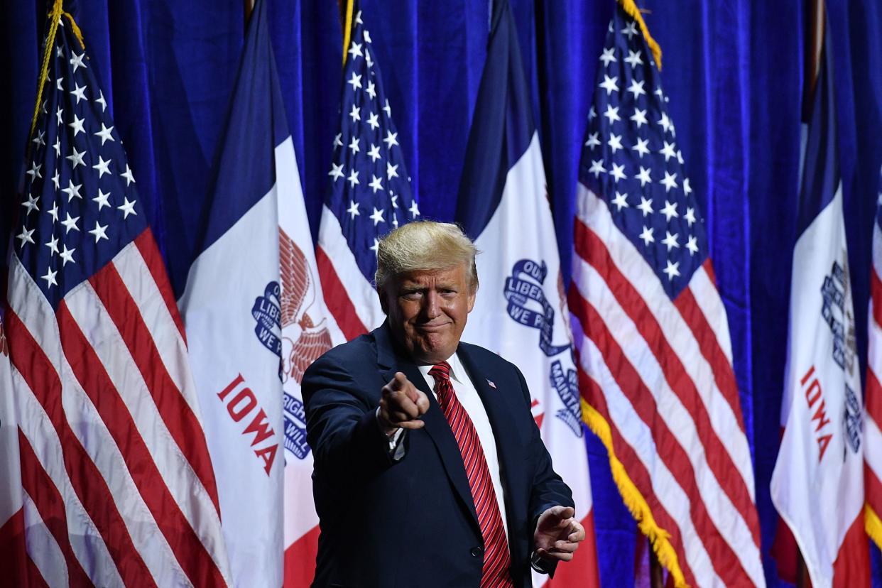 US President Donald Trump arrives to speak during the Republican Party of Iowa Annual Dinner at The Ron Pearson Center in West Des Moines, Iowa on June 11, 2019. (Photo by MANDEL NGAN / AFP)        (Photo credit should read MANDEL NGAN/AFP/Getty Images)