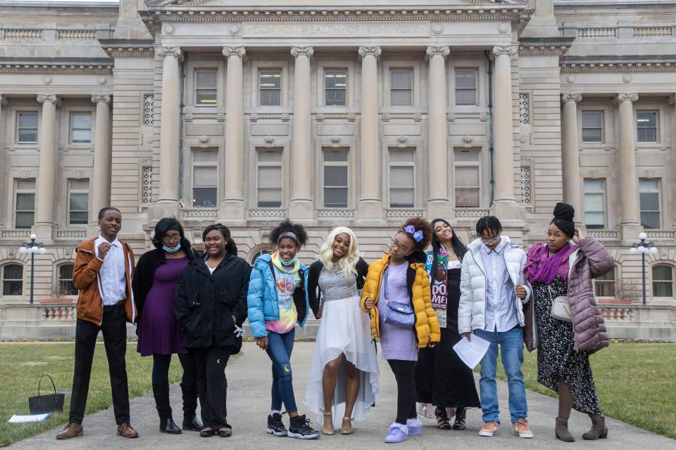 Louisville-area middle and high school students visited the Kentucky Capitol to rally for the CROWN Act. The students, all members of the Louisville-based hip-hop group, Real Young Prodigies, hope to see the CROWN Act ordinance expand outside of Louisville to be a statewide ordinance. Feb. 24, 2022