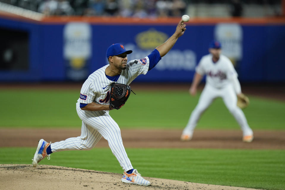 New York Mets pitcher Jose Quintana throws during the third inning of a baseball game against the Pittsburgh Pirates at Citi Field, Tuesday, April 16, 2024, in New York. (AP Photo/Seth Wenig)