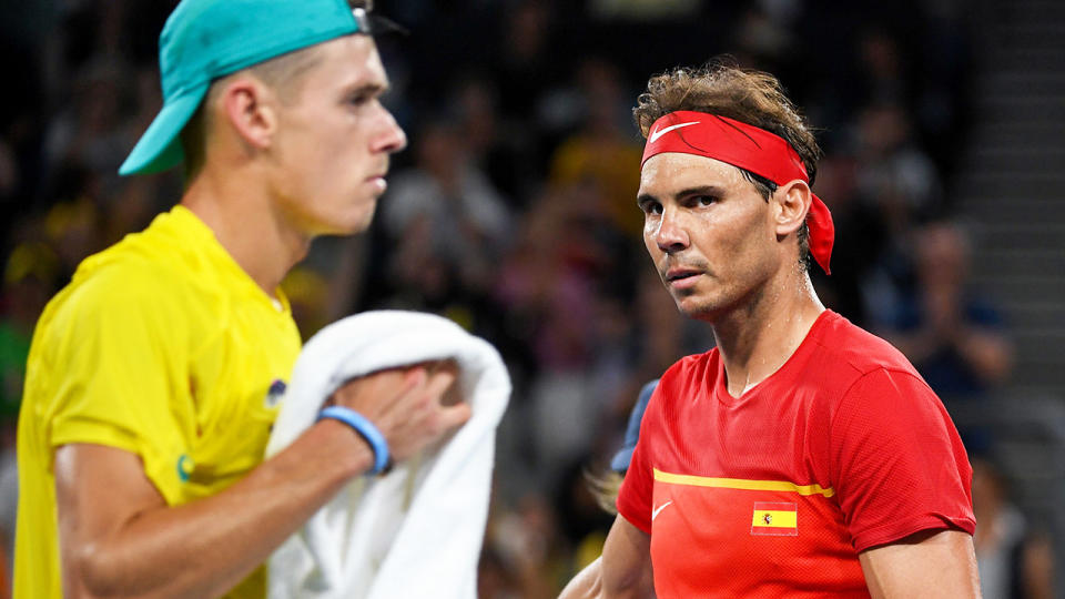 Alex de Minaur and Rafael Nadal, pictured here in action in their ATP Cup clash.