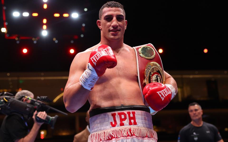 Justis Huni poses for a photo with the belt after victory against Kevin Lerena following their WBO Global Heavyweight Title fight on the Knockout Chaos boxing card at the Kingdom Arena on March 08, 2024 in Riyadh, Saudi Arabia