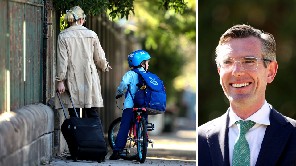 A mother drops her child off at the school gates after NSW Premier Dominic Perrottet announced $500 payments per child for before and after school care.