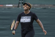 USA's Serena Williams reacts, during a practice session, ahead of the Wimbledon Tennis Championships, in London, Sunday, June 27, 2021. (David Gray/Pool Photo via AP)