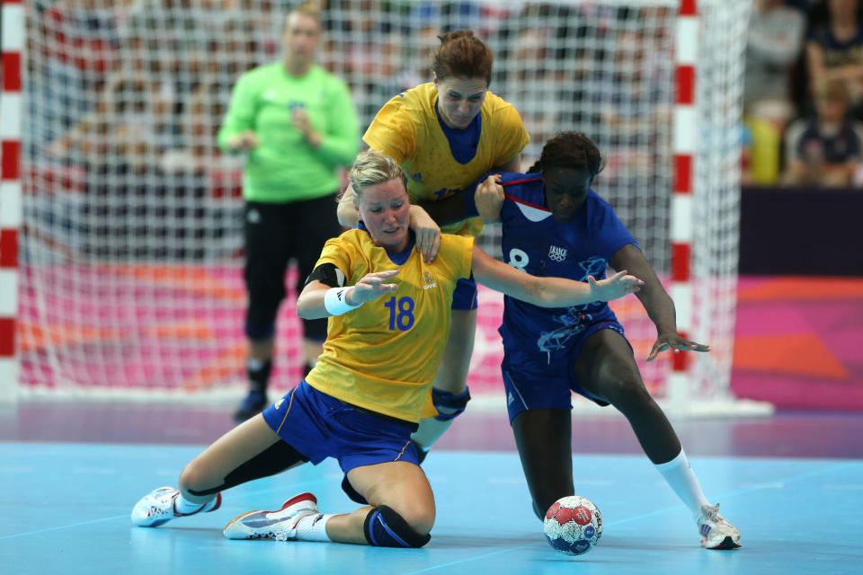 Even handball players are getting in on the trend. Johanna Wiberg wears a strip from her knee to her groin each match. (Photo: Jeff Gross/Getty Images)