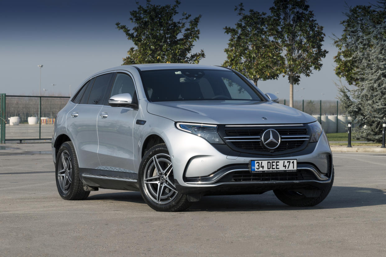 Istanbul, Turkey- January 19 2021: Mercedes-Benz EQC 400 is a fully-electric compact luxury SUV by Mercedes-Benz. It is parking for photoshoot.