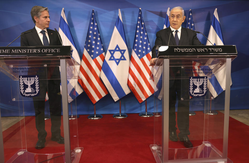 Israeli Prime Minister Benjamin Netanyahu, right, and U.S. Secretary of State Anthony Blinken hold a joint press conference in Jerusalem on Tuesday, May 25, 2021, days after an Egypt-brokered truce halted fighting between the Jewish state and the Gaza Strip's rulers Hamas. (Menahem Kahana/Pool Photo via AP)