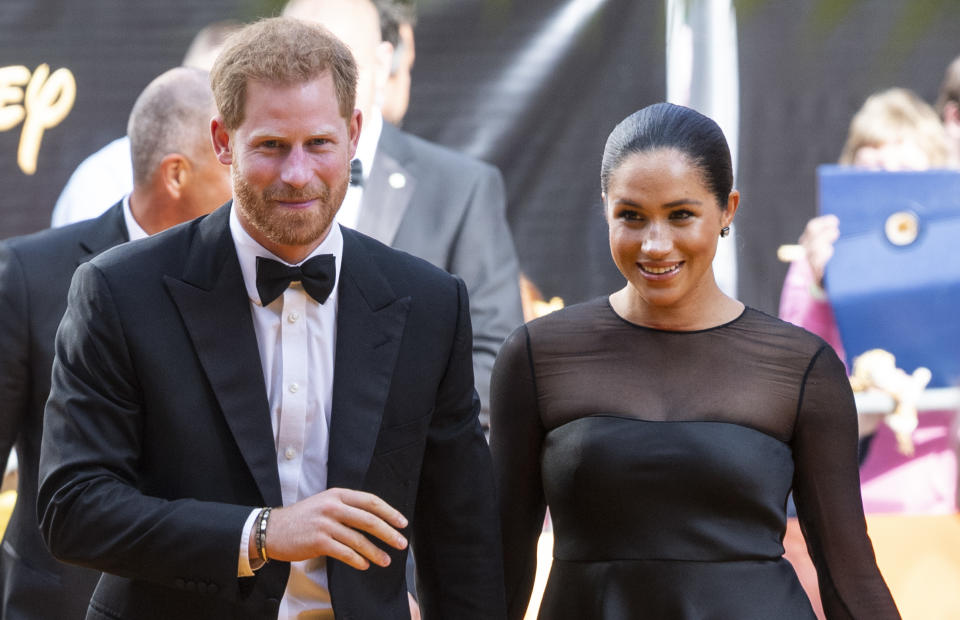 LONDON, ENGLAND - JULY 14: Prince Harry, Duke of Sussex and Meghan, Duchess of Sussex attend "The Lion King" European Premiere at Leicester Square on July 14, 2019 in London, England. (Photo by Mark Cuthbert/UK Press via Getty Images)