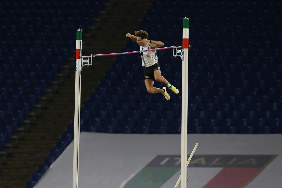 Armand Duplantis sets the new world record in the men's outdoor pole vault event during the IAAF Diamond League meet in Rome.