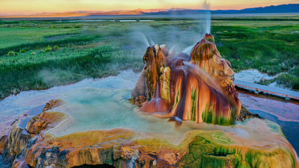 Aerial shot of Fly Geyser up close.