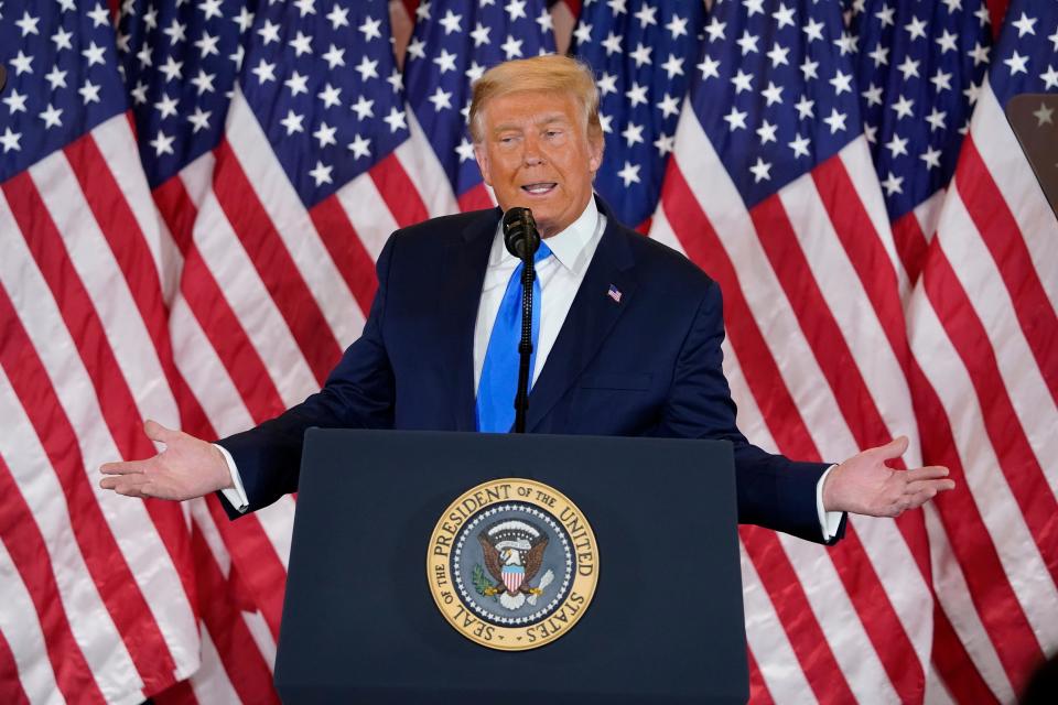 President Donald Trump speaks in the East Room of the White House, early Wednesday, Nov. 4, 2020, in Washington.