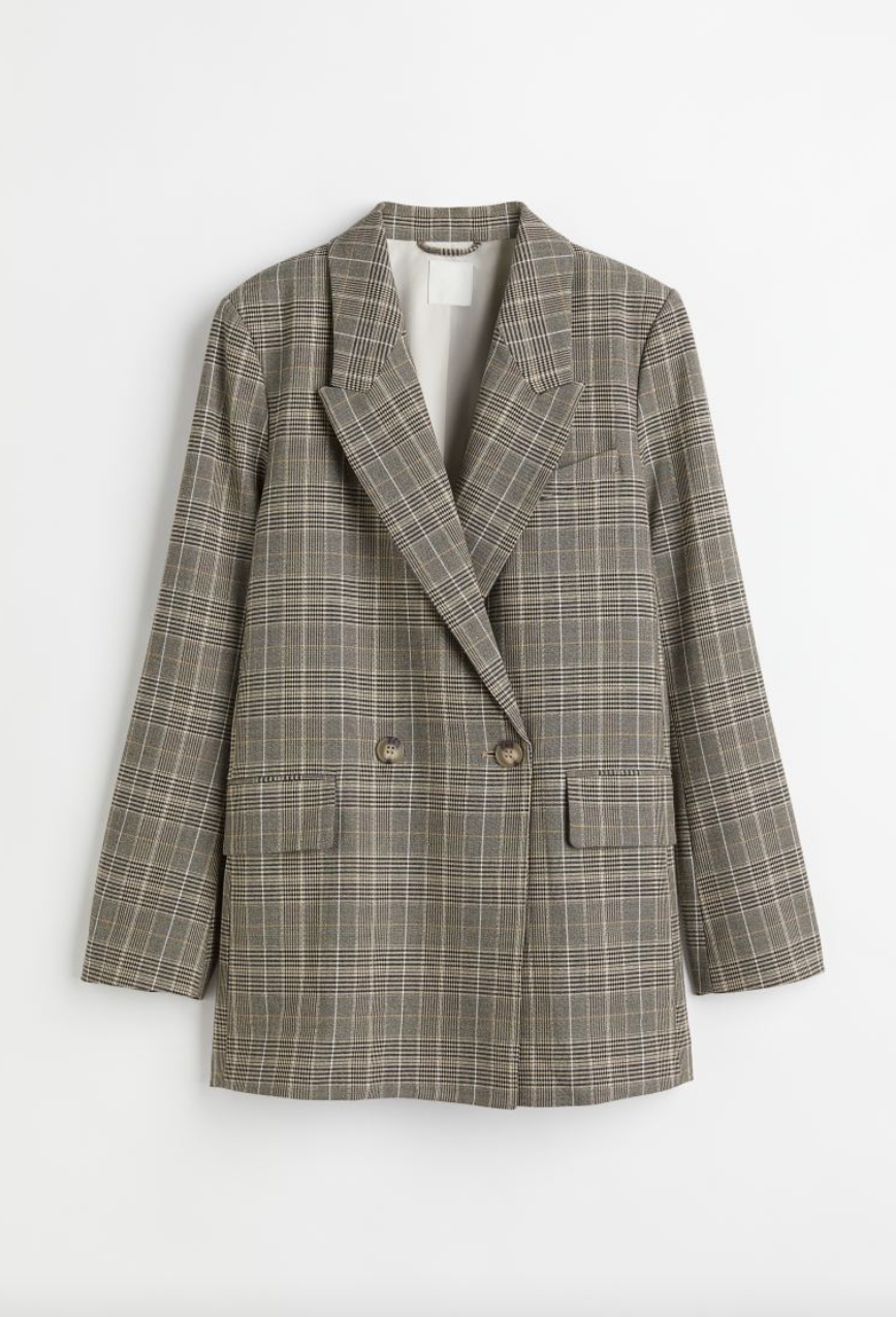 H&M Double-Breasted Blazer in muted brown and grey (Photo via H&M)