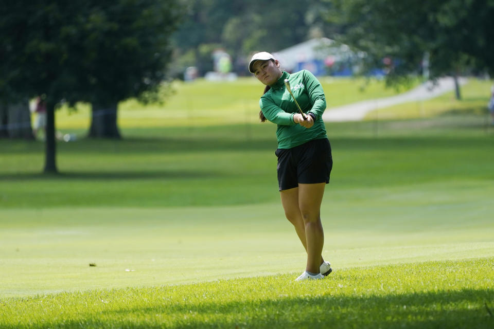 Allisen Corpuz hits her approach shot on the seventh fairway during the second round of the Dana Open golf tournament at Highland Meadows Golf Club, Friday, July 14, 2023, in Sylvania, Ohio. (AP Photo/Carlos Osorio)