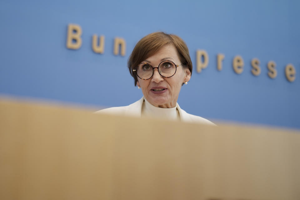 Germany's Science Minister Bettina Stark-Watzinger presents on a news conference the government's new strategy for supporting research into nuclear fusion, a technology some hope will some day provide almost unlimited, clean energy, in Berlin, Germany, Thursday, June 22, 2023. (AP Photo/Markus Schreiber)