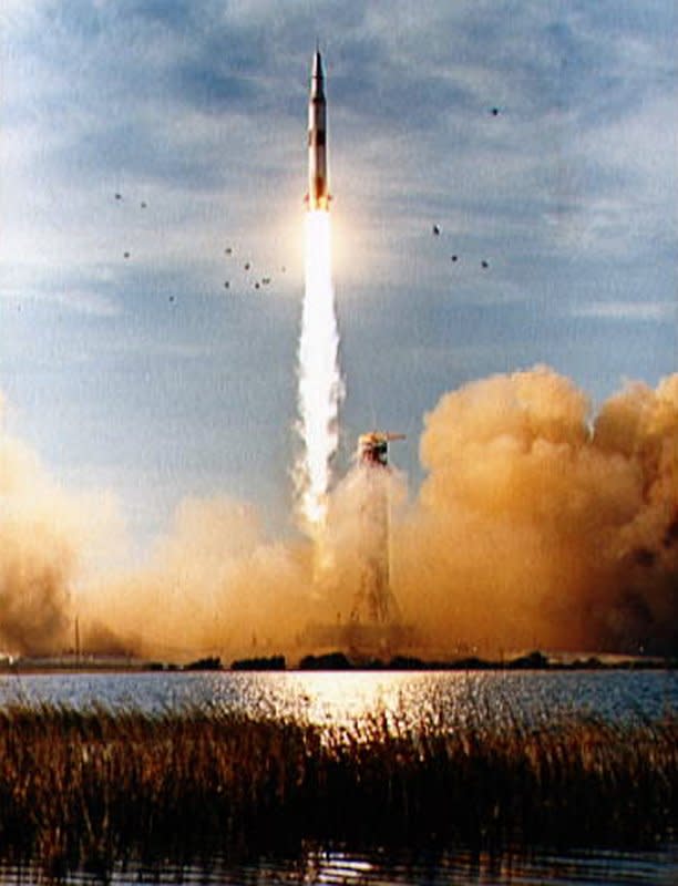 The Apollo 8 space vehicle launches from Pad A, Launch Complex 39, at the Kennedy Space Center in Florida at 7:51 a.m., December 21, 1968. Apollo 8 was the first manned mission to the moon. File Photo courtesy NASA