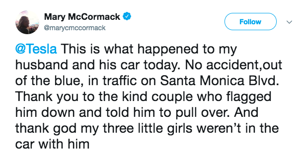 McCormack said the car had not been in an accident and it was “out of the blue”. Source: Twitter/Mary McCormack