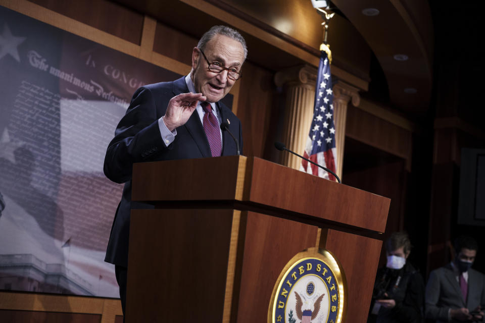 FILE - In this March 6, 2021, file photo Senate Majority Leader Chuck Schumer, D-N.Y., speaks during a news conference at the Capitol in Washington. With a powerful new tool, Schumer has fresh options for advancing President Joe Biden’s infrastructure package and certain other priorities over Republican obstruction in the 50-50 split Senate. (AP Photo/J. Scott Applewhite, File)