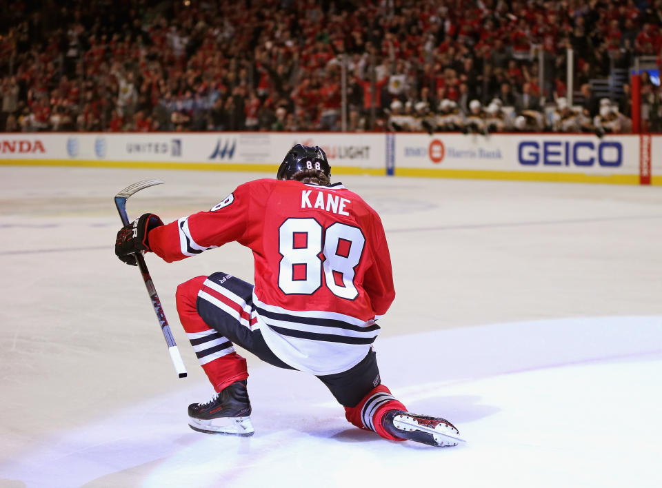 CHICAGO, IL - APRIL 03:  Patrick Kane #88 of the Chicago Blackhawks celebrates after scoring his third goal of the game in the second period against the Boston Bruins at the United Center on April 3, 2016 in Chicago, Illinois. The Blackhawks deefated the Bruins 6-4.  (Photo by Jonathan Daniel/Getty Images)