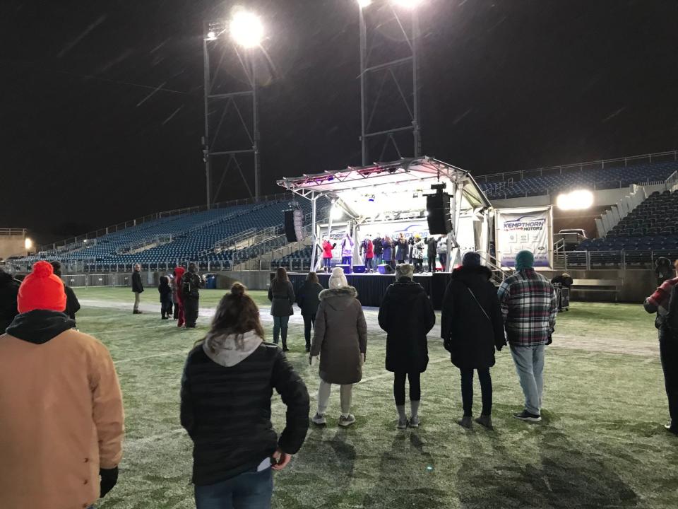 Vox Audio preforms holiday songs Saturday evening during the Holiday Kickoff at Tom Benson Hall of Fame Stadium. Hendrickson and Hall of Fame Resort & Entertainment Co., developers of the Hall of Fame Village powered by Johnson Controls, presented the Holiday Kickoff.