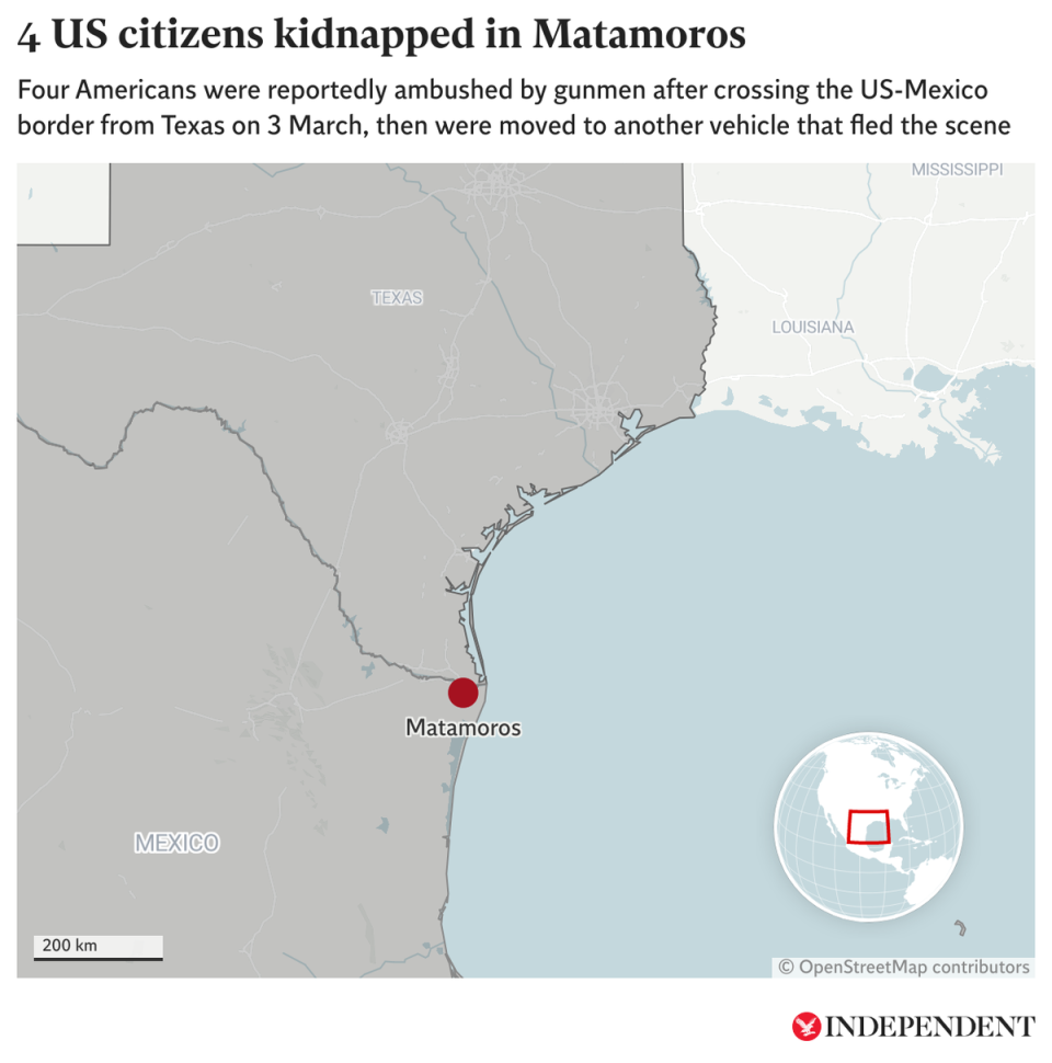 No mucho después de ingresar a Matamoros, una ciudad fronteriza dominada por el cártel del Golfo, fueron atacados por un grupo de hombres armados y los metieron en la parte trasera de una camioneta.  (The Independent/Datawrapper)