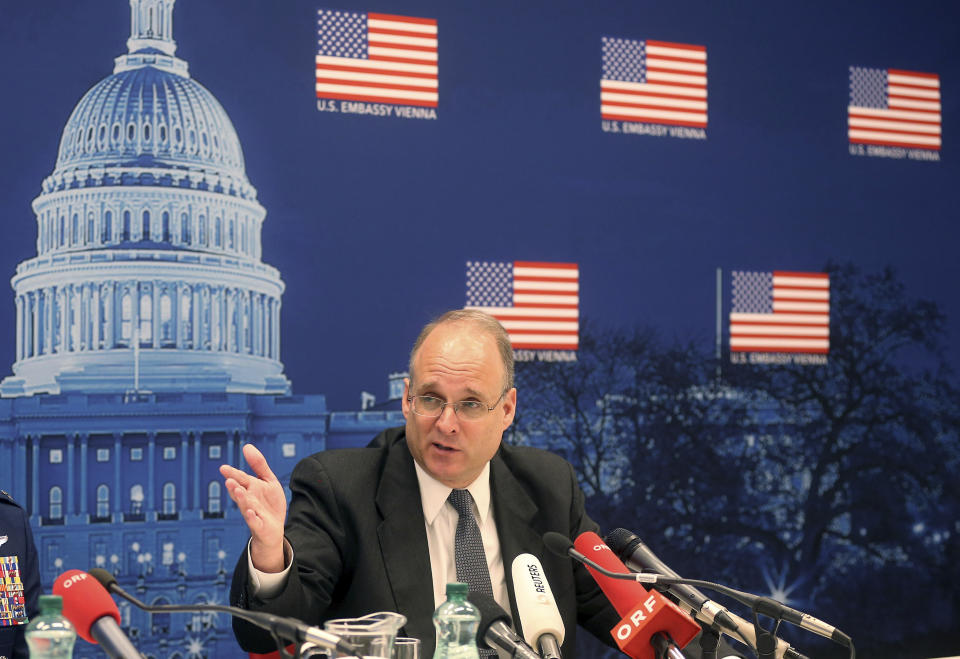 Marshal Billingslea, U.S. President Donald Trump's special envoy for arms control on talks with Russia's Deputy Foreign Minister Sergei Ryabkov on nuclear arms control, informs the press in Vienna, Austria, Tuesday, June 23, 2020. (AP Photo/Ronald Zak)