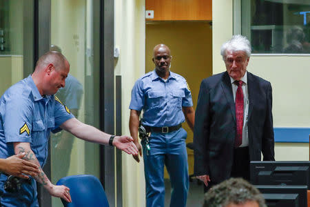 Former Bosnian Serb leader Radovan Karadzic appears in a courtroom before the International Residual Mechanism for Criminal Tribunals (MICT), which is handling outstanding war crimes cases for the Balkans and Rwanda, in The Hague, Netherlands, April 23, 2018. REUTERS/Yves Herman/Pool