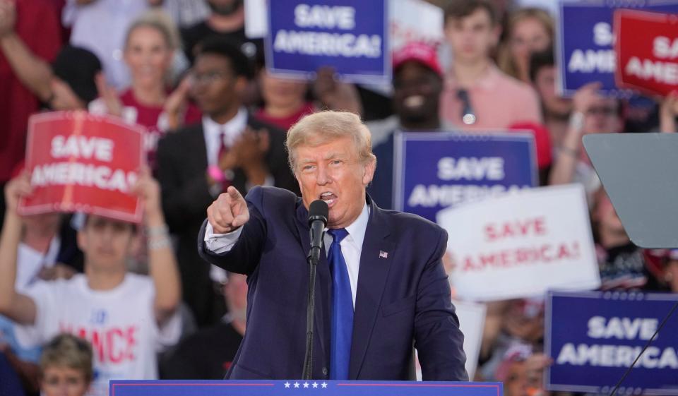 Former President Donald Trump speaks at a rally at the Delaware County Fairgrounds in April.