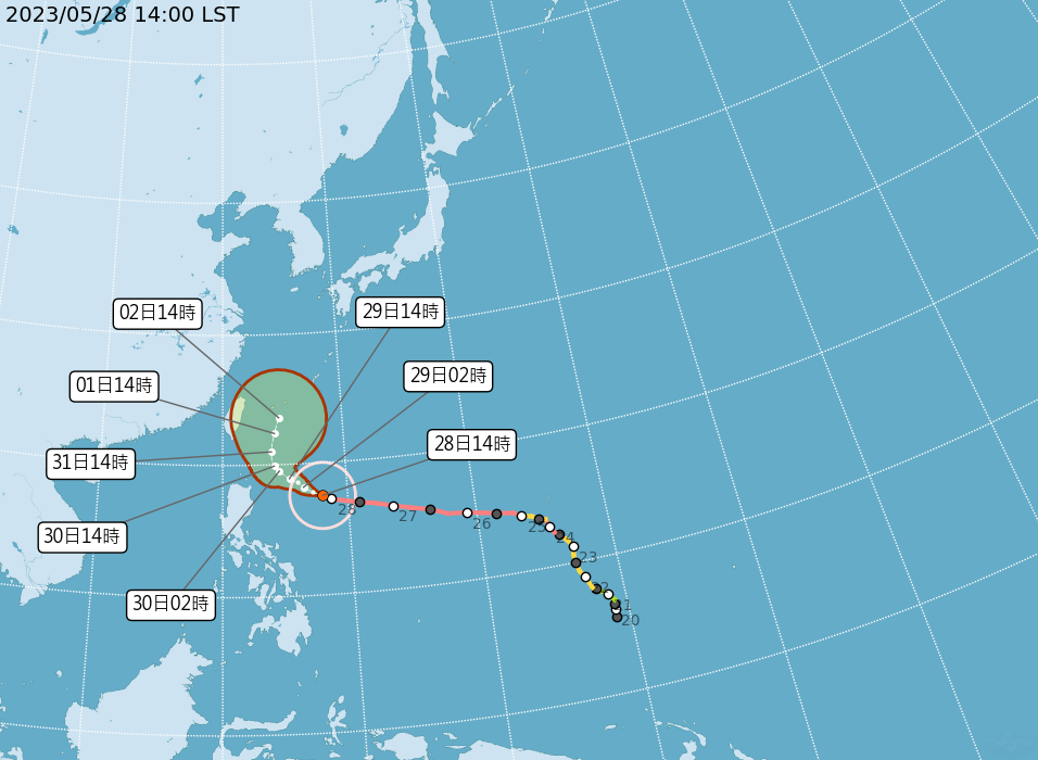 瑪娃颱風持續向台灣東部海面逼近。   圖：氣象局