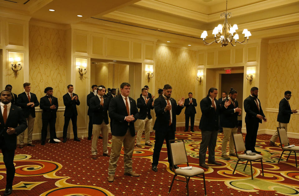 Members of the Texas Longhorns football team take part in a walk-through prior to the game against the LSU Tigers Saturday Sept. 7, 2019 at the team hotel in Austin, Tx. ( Photo by Edward A. Ornelas )