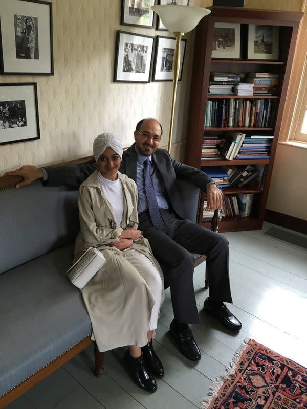 Former Saudi intelligence official Saad al-Jabri sits with his daughter Sarah al-Jabri whilst visiting schools around Boston, U.S.