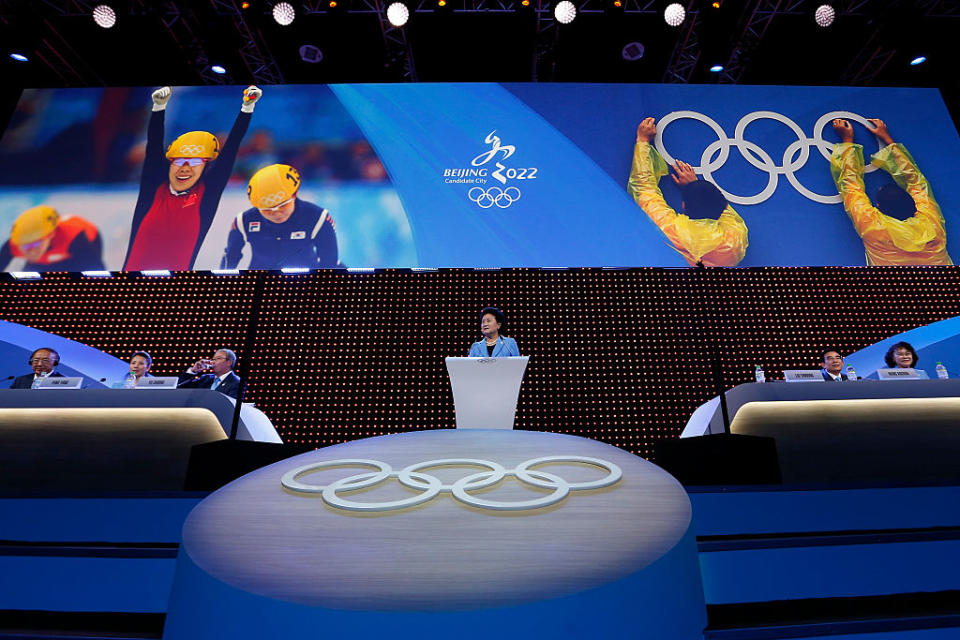 China's Vice Premier Liu Yandong delivers a speech during Beijing's 2022 Olympic Winter Games bid presentation. (Getty)