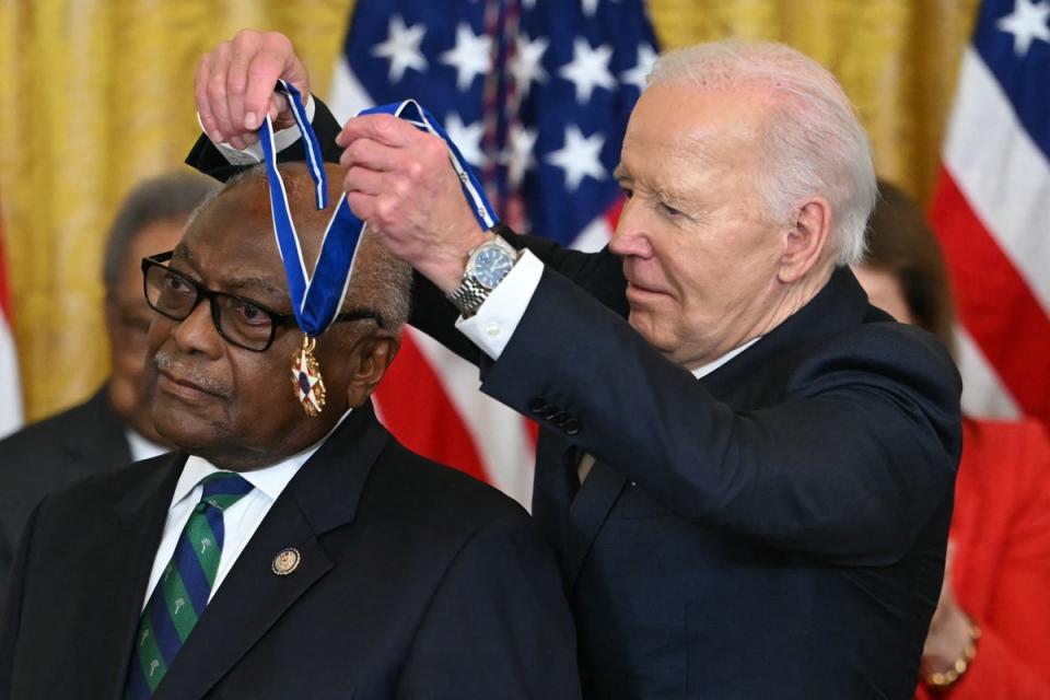 Joe Biden presents the Presidential Medal of Freedom to US Representative James Clyburn in the East Room of the White House in Washington, DC, on May 3, 2024. (AFP via Getty Images)