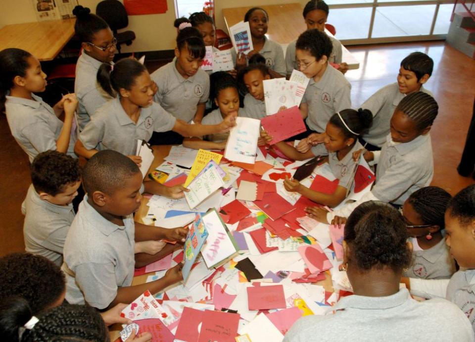 Students at The Andre Agassi Prep School present 1,400 hand made Valentine cards to veterans at The Andre Agassi Prep School on Feb. 7, 2008, in Las Vegas, Nevada. (Photo by Denise Truscello/WireImage)