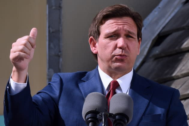 Florida Gov. Ron DeSantis speaks at a press conference to - Credit: SOPA Images/LightRocket via Getty Images