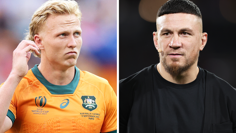 Wallabies playmaker Carter Gordon during training and Sonny Bill Williams reacts.