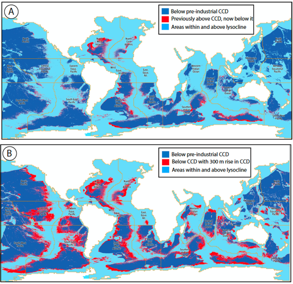 These maps show the changes in area of ocean exposed to corrosive bottom waters in 17 different regions. The pre-industrial CCD is dark blue and areas above the lysocline are light blue. Map A shows the present day and map B shows a lysocline rise of 300 metres.