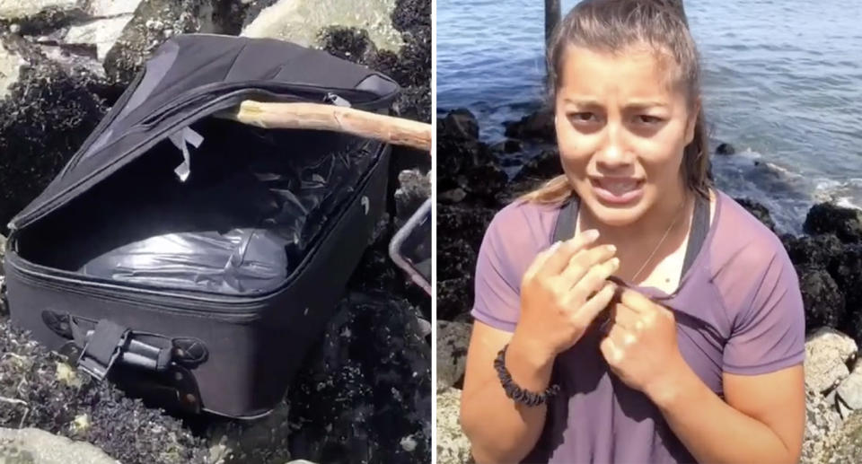 The teens can be seen opening the suitcase with a stick after finding it washed up on rocks along the water. Source: TIkTok