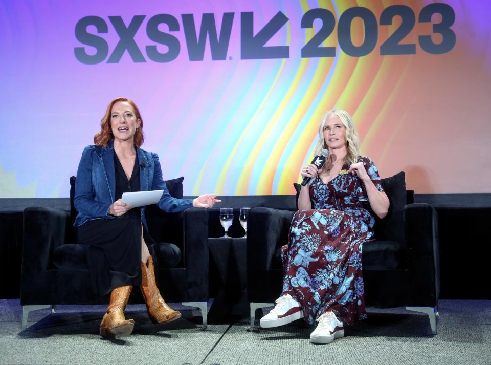 Chelsea Handler and Jen Psaki earlier Friday, during a featured session at Austin's South by Southwest festival on Friday, March 10, 2023.
