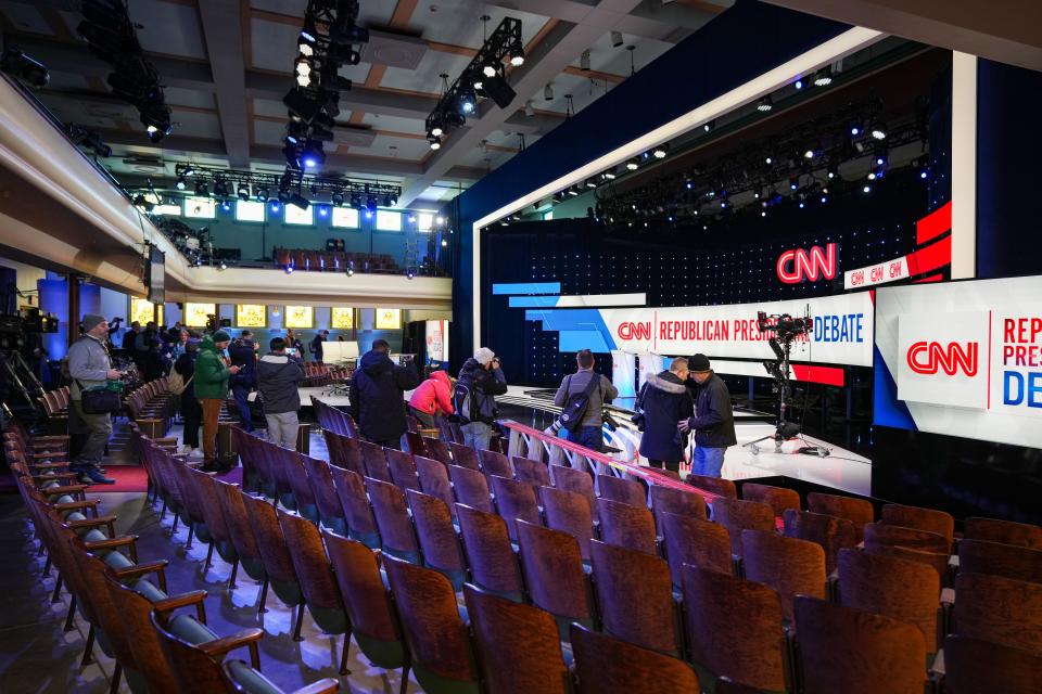 Members of the media tour Sheslow Auditorium at Drake University in Des Moines ahead of tonight's Republican debate between Nikki Haley and Ron DeSantis, Wednesday, Jan. 10, 2024.