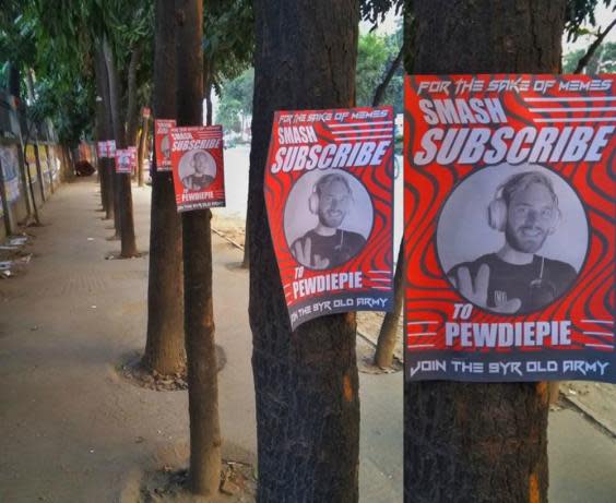 PewDiePie fans in Bangladesh placed posters of the popular YouTube star around their local neighbourhood (Rokonujjaman Konok/ Facebook)