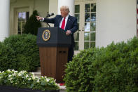President Donald Trump speaks during an event on protecting seniors with diabetes in the Rose Garden White House, Tuesday, May 26, 2020, in Washington. (AP Photo/Evan Vucci)