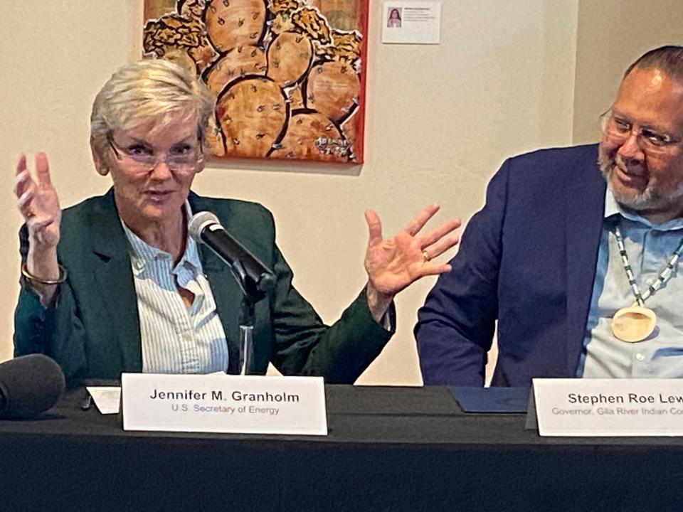 Energy Secretary Jennifer Granholm speaks at a tribal energy roundtable on May 23, 2023, in Phoenix as Gila River Indian Community Gov. Stephen Roe Lewis looks on.