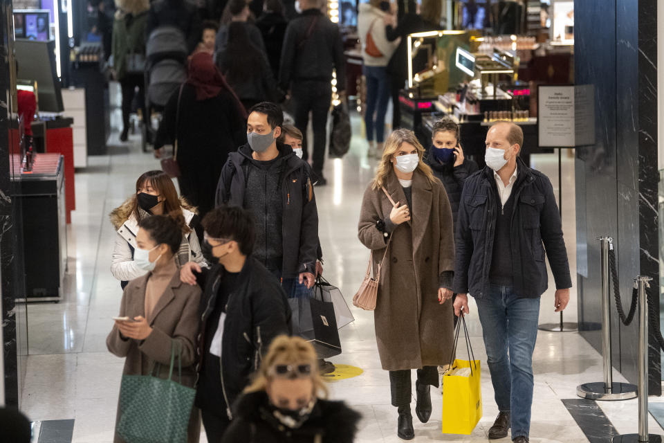 <p>Shoppers walk through Selfridges department store on Oxford Street, London on the first day of its reopening as England takes another step back towards normality with the further easing of lockdown restrictions. Picture date: Monday April 12, 2021.</p>
