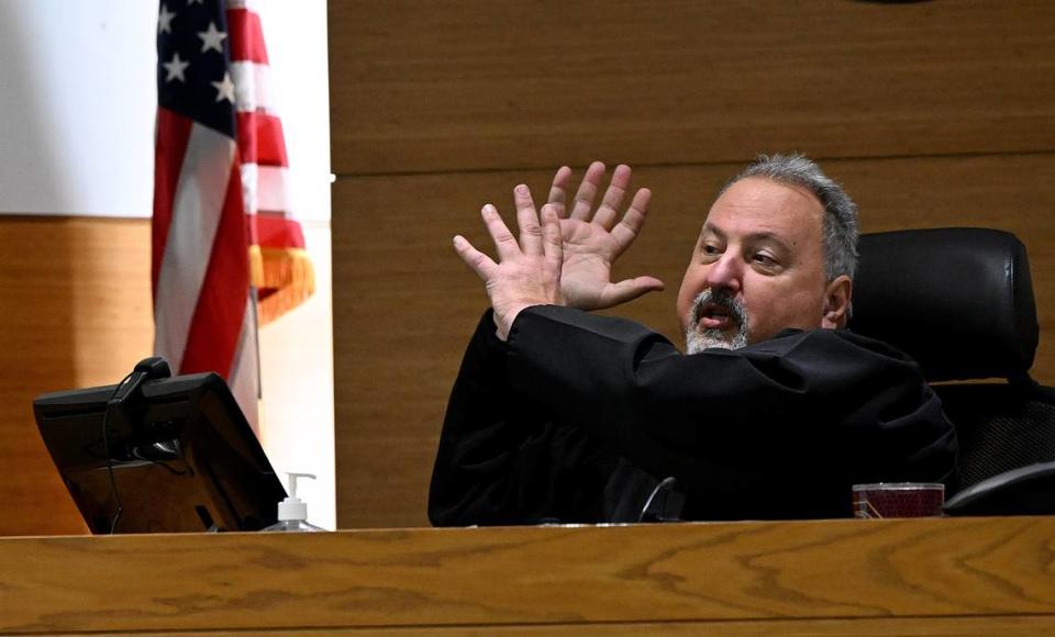 Judge Frederick Mercurio talks to a juror who told a deputy that he was afraid to serve as a juror during a joint trial for David Consuegra, Jr. and Jacob Maldonado at the Manatee County Judicial Center for a 2020 fatal shooting.