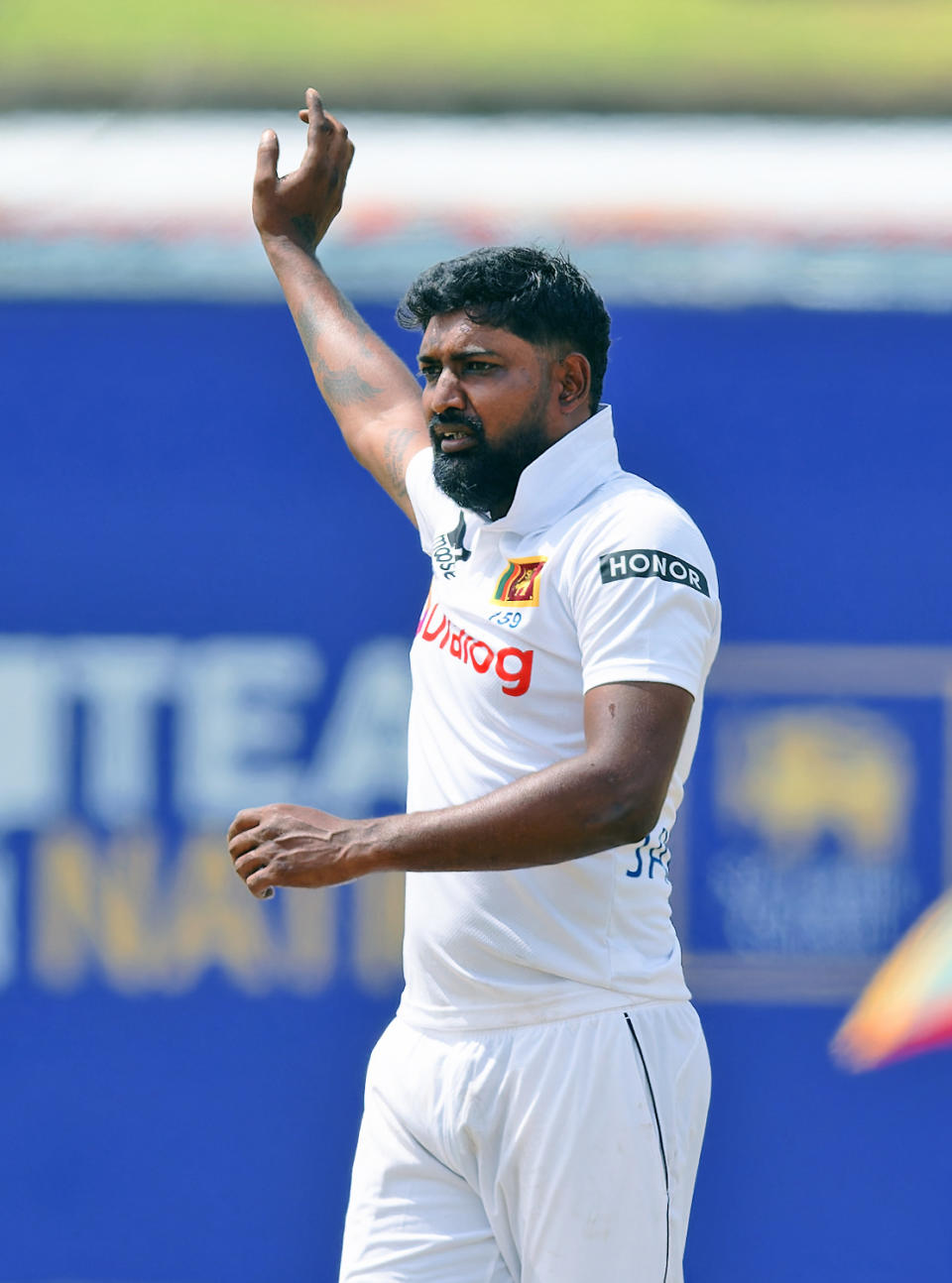 Sri Lanka's Prabath Jayasuriya celebrates the wicket of New Zealand's Tom Blundell on the third day of the first cricket test match between New Zealand and Sri Lanka in Galle, Sri Lanka, Friday, Sept. 20, 2024. (AP Photo/Viraj Kothalawala)