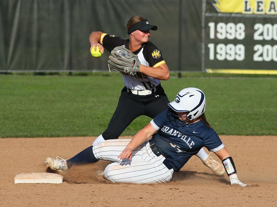 Watkins Memorial's Cortney Dobbs attempts to turn a double play after forcing Granville's Emily Travis at second on Thursday.