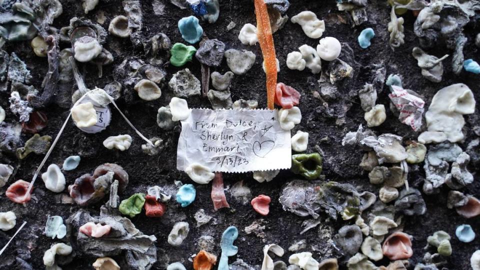 Notes like this one dot the walls of Bubblegum Alley in San Luis Obispo, CA.